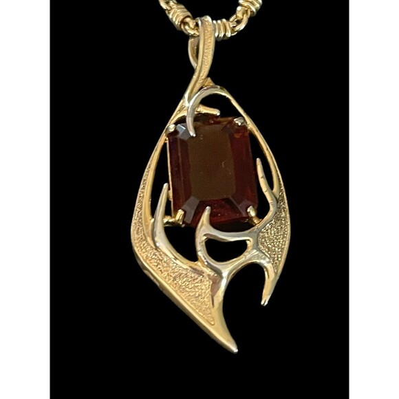 Vintage Pendant Neckless Sarah Coventry Topaz Amber Glass Gold Tone Molten Flame - Picture 2 of 11